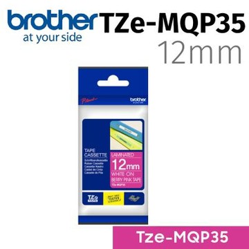 【Brother 兄弟】TZe-MQP35 原廠粉彩護貝標籤帶 ( 12mm 粉紅底白字 )