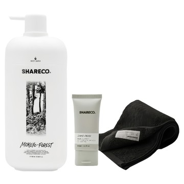 SHARECO 台灣公司貨 日常沐浴組 木曜森林沐浴膠 + 黑色純棉短浴巾＋潔面乳體驗  1套
