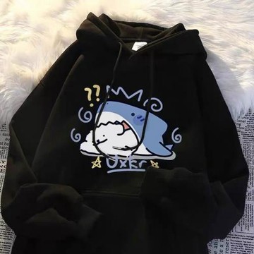 銀狐絨秋冬季卡通鯊魚印花連帽衛衣男女寬松百搭ins洋氣加絨外套