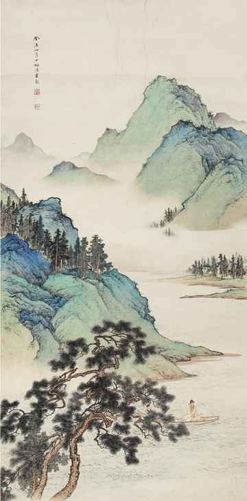 仿古畫名畫復制品陳少梅松溪放棹60X121厘米山水畫國畫裝飾掛畫心