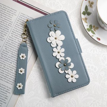 Aguchi 亞古奇 Apple iPhone 14 Pro (6.1吋) 花語 鉚釘立體花朵手機皮套 頂級柔軟皮革 附皮質璀璨吊飾 - 蔚藍