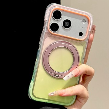 蘋果18Promax手機殼iphone17pro新款粉綠撞色漸變空氣氣囊防摔透明360磁吸支架按鍵保護16簡約保護套