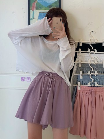 春秋新款高腰顯瘦馬卡龍色松緊腰A字闊腿休閑短褲女褲子