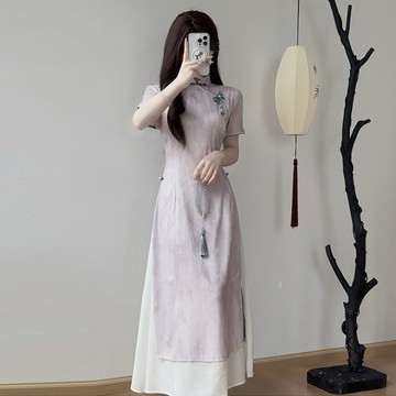 【桃喜Rich女裝】紫色旗袍 改良旗袍復古長裙 年輕款少女日常可穿國風洋裝 新中式禪意連身裙 短袖旗袍