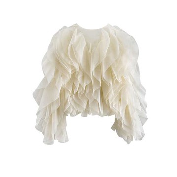 韓版東大門重工木耳邊褶皺女式襯衣圓領微透視長袖雪紡襯衫上衣潮