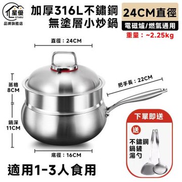 【匠藝家居】大肚鍋 炒菜鍋 炒鍋 小炒鍋 不沾鍋 不怕刮 電磁爐燃氣通用 316不鏽鋼-24CM+蒸格