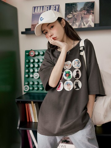 彈力棉質酷帥九宮格貓咪印花短袖上衣