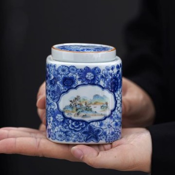 青花開窗山水茶葉罐便攜陶瓷收納盒碎銀子小罐茶迷你存茶罐密封罐
