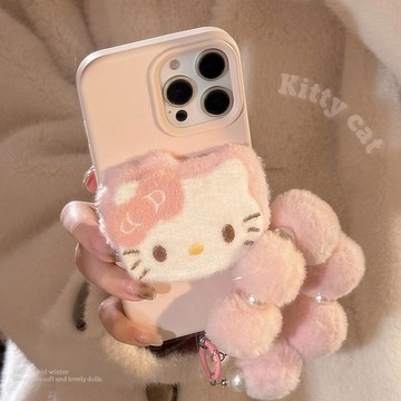 粉色毛絨貓咪適用蘋果18手機殼17promax甜妹立體iphone14手鍊13軟