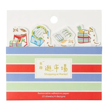 長條便利貼 水產海鮮 貓咪造型 可移除黏性紙 15張入  1入