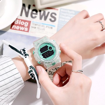 ins風電子手表女學生韓版簡約獨角獸初中生兒童防水夜光透明表帶