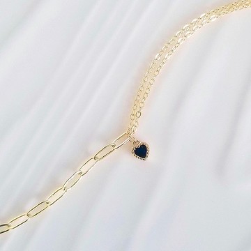 深寶藍色鋯石桃心吊墜不對稱亮金手鍊 | 靈氣能量開運小物飾品