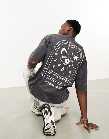 ASOS DESIGN oversized t-shirt in black acid wash with abstract art back print