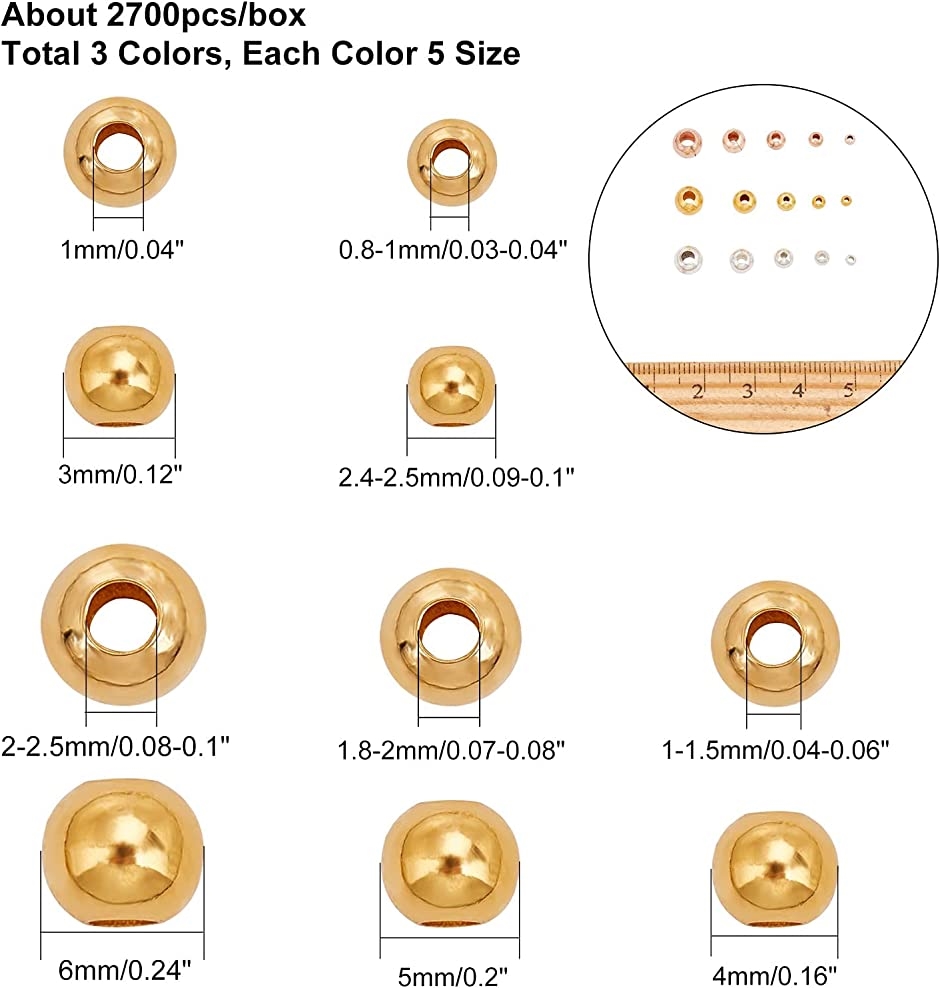 ビーズ メタルビーズ 金属ビーズ 2400個セット 丸小ビーズ 3色 スペーサービーズ ゴールド シルバー ローズゴールド 収納ケース付き
