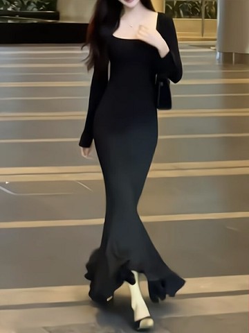 入秋搭配一整套2024新款步步生蓮黑色魚尾連衣裙子女秋冬洋裝包臀長裙【步行者戶外生活館】