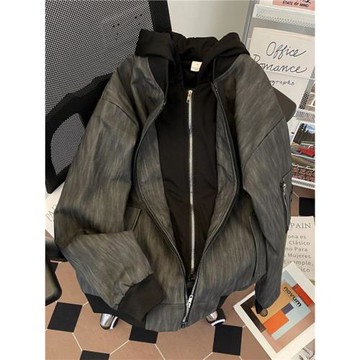 美式復古設計感棒球服男春秋寬松休閑連帽pu皮紋理假兩件夾克外套