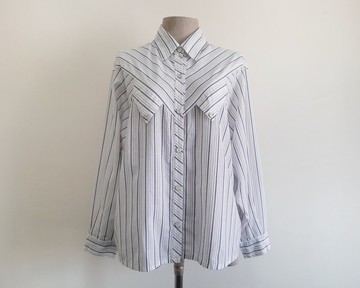 復古彩虹條紋棉質襯衫 女款 白色長袖翻領襯衫 XL