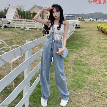 【新品促銷】設計感小眾炸街夏季新款單側 牛仔褲 背帶褲 直筒褲 女小個子胖mm大碼 連體褲