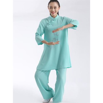 龍拳女新時尚中長修身太極拳服亮鉆高彈麻七分袖刺繡武術練功服裝