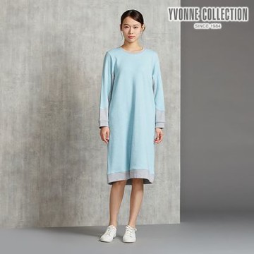 YVONNE 以旺傢飾 雙色提花剪接長袖洋裝-冰島藍