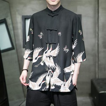 冰絲短袖襯衫男中國風男裝夏季外套薄款寬松五分半袖襯衣中式唐裝