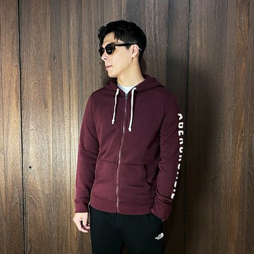 美國百分百【全新真品】Abercrombie & Fitch 連帽外套 棉質 刷毛 AF 麋鹿 logo 夾克 酒紅色 H651