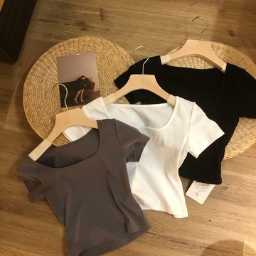 韓版方領彈性緊身短版上衣【T355】