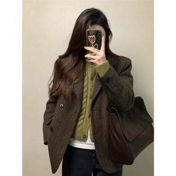 高級感毛呢西裝外套女2025春秋新款赫本風小個子顯瘦短款呢子大衣