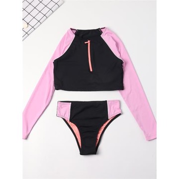 出口外單時尚女童長袖分體泳衣遮陽防曬拉鏈式運動兒童顯瘦泳裝