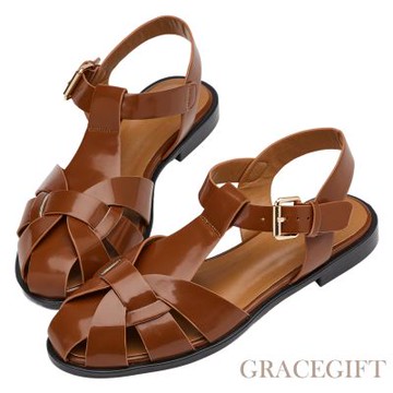 【Grace Gift】日系休閒編織羅馬平底涼鞋 棕