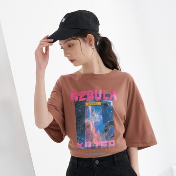 夢幻星空印花後開衩TEE(珊瑚紅)-女