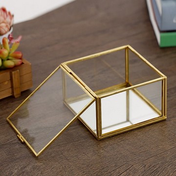 簡約復古金邊歐式玻璃首飾盒珠寶收納盒伴手禮幾何方形花房消磁盒