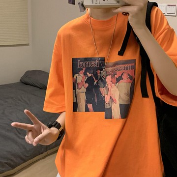 夏季橙色t恤男港風寬松國潮高街上衣潮ins潮牌休閑純棉短袖體恤衫