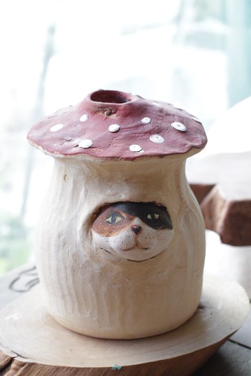 純手捏玩香菇貓(三花貓)陶瓷擺飾/乾燥花器