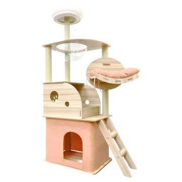 哈囉毛孩 帳篷貓屋 半開放式小木屋 太空艙貓跳台 145cm 附貴妃躺枕  粉色 + 木色  1組