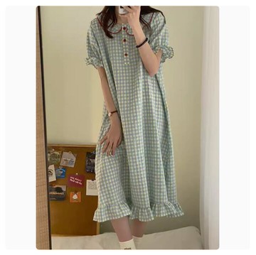 格子睡裙女夏季日系網紅風長裙夏天短袖學生睡衣家居服【繁星小鎮】