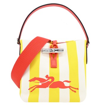 [平輸版]LONGCHAMP ROSEAU ESSENTIAL系列帆布LOGO字母條紋兩用水桶包(小/黃x白)真品平輸
