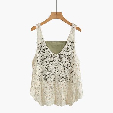 茶系穿搭一整套夏V領鏤空別致上衣兩件套冰絲無袖針織吊帶背心女