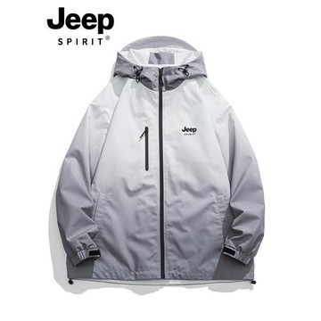 JEEP沖鋒衣男款2024新款春秋季戶外防風防水漸變連帽夾克男士外套