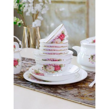 高檔唐山骨瓷餐具碗碟套裝家用組合陶瓷歐式飯碗盤子中式輕奢喬遷