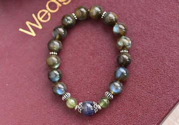 彩光拉長石+堇青石+綠磷灰石純銀水晶手鍊