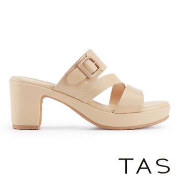 TAS 羊皮雙帶釦飾粗高跟拖鞋 淺棕 #45362
