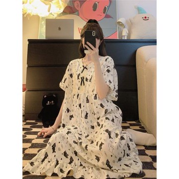 睡裙大碼薄款棉質泡泡棉卡通V領加肥寬松胖MM200斤長款夏季睡衣女