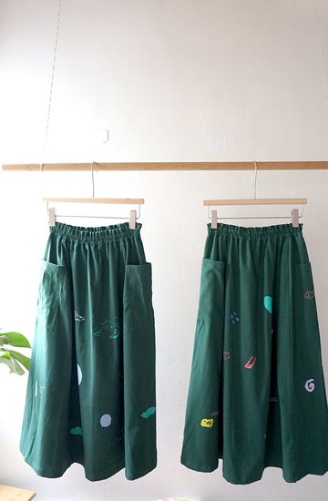 手作印花森林綠棉麻手工絹印鬆緊口袋裙 360度皆可穿