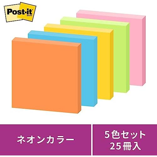 スリーエム(3M)ポストイット 付箋 強粘着 ノート ネオンカラー 75×75mm 90枚×5冊 654-5SSAN