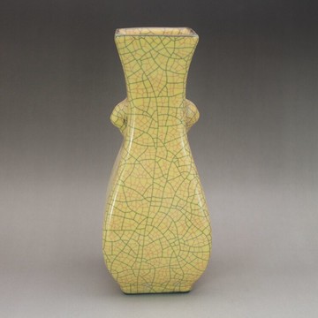 宋哥窯開片釉四方瓶 米黃裂紋釉 古玩古董陶瓷器仿古瓷老貨收藏