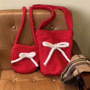 圣誕紅蝴蝶結單肩大水桶包紅色斜挎包秋冬新款ins百搭斜挎背包