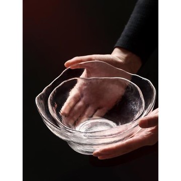 日式錘紋玻璃沙拉碗創意不規則玻璃果盆家用手工大號甜品點心碗碟