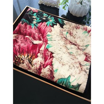 【百花齊放】雙面雙色真絲羊毛大方巾復古油畫高端絲絨圍巾披肩女