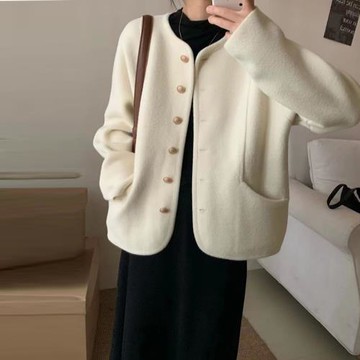 小香風雙面羊絨大衣女短款2025春秋新款圓領小個子韓系羊毛呢外套